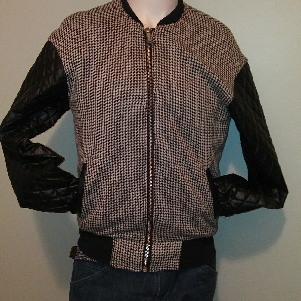 New Zara Houndstooth Tweed Faux Leather Jacket